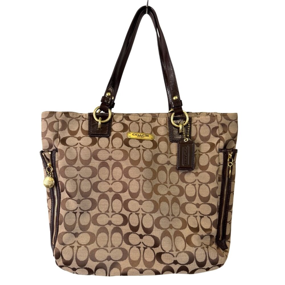 Coach Brown‎ Signature Canvas Tote Bag W/ Leather Handles & Gold-Tone Hardware